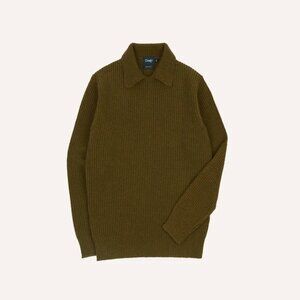 Drake's Olive Alpaca Lambswool Ribbed Integral Collar Jumper/Sweater, Size Small